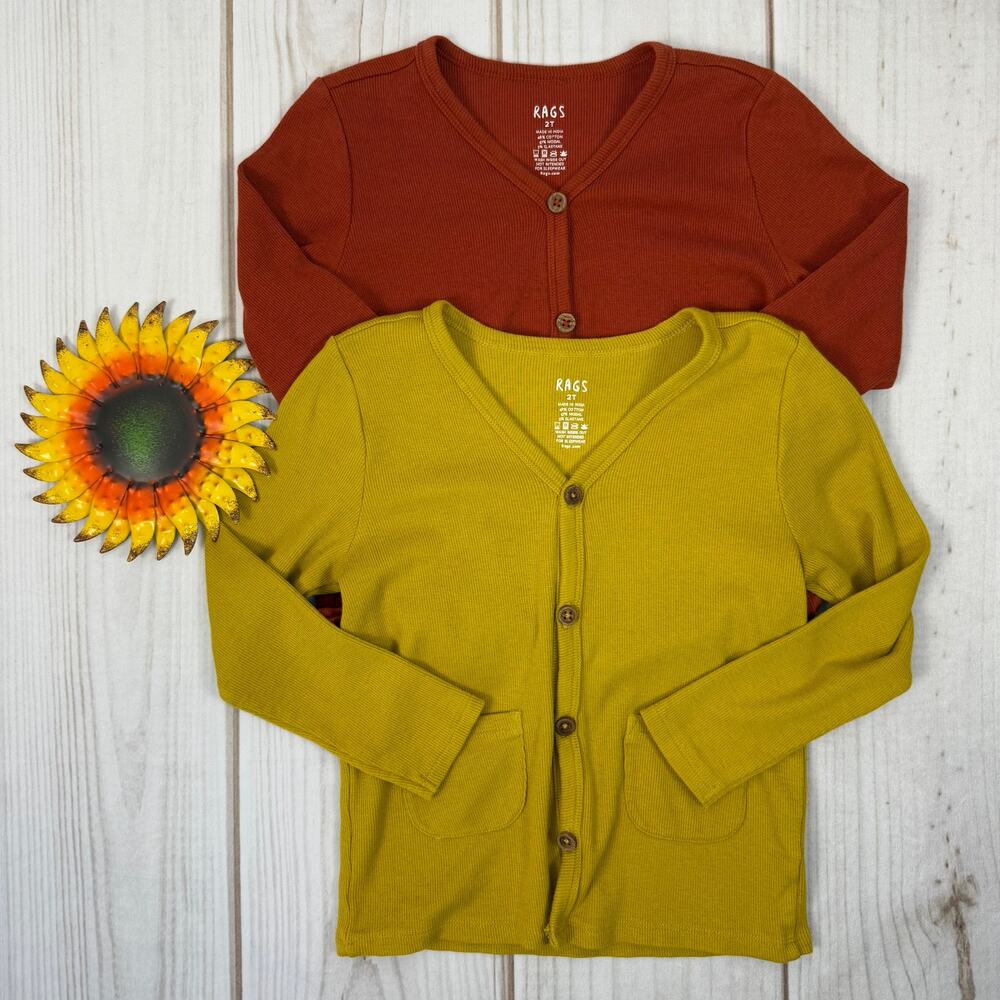 Rags Kids Cardigan Sweater 2T Rust Orange & Mustard Yellow Ribbed Knit Bundle